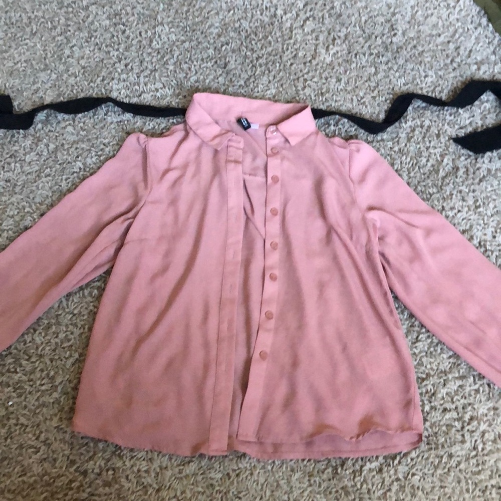 womens pink button front blouse with neck tie